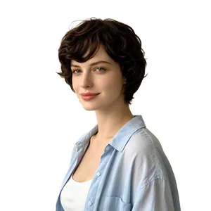 Stylish short wavy dark brown synthetic wig with natural fluffy curls for women.