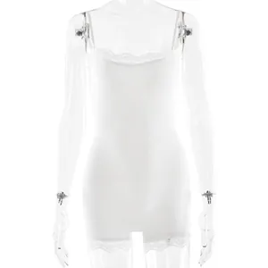 White lace trim adjustable spaghetti strap slim fit bodysuit for women, inner vest