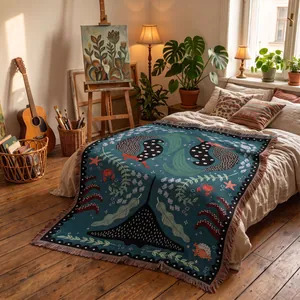 Woven bohemian throw blanket with ocean pattern displayed in a cozy artistic bedroom