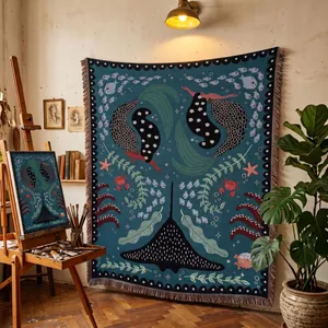 Detailed view of bohemian ocean theme woven blanket with mermaid and manta ray pattern