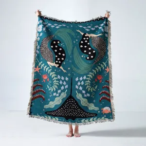 Detailed woven picnic blanket with mermaid and sea life folk art illustration and fringes