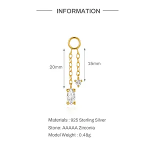 Detail view of S925 sterling silver marquise zirconia chain earring charm with dimensions