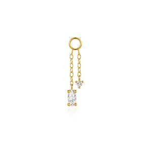 Detail of gold plated S925 silver chain earring charm with marquise zircon stones