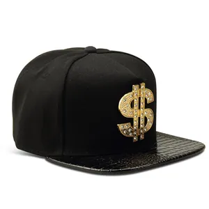 Casquette de baseball hip-hop noire avec signe dollar en strass et visière croco