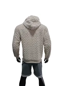 Back view of men's beige hooded jacquard sherpa hoodie with cable knit texture