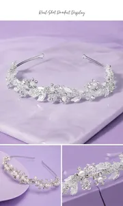 Détails du serre-tête de mariée fait main avec feuilles en strass argentés et perles.