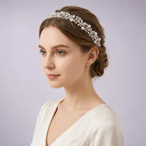 Bandeau de Mariage en Alliage Fait à la Main Strass Künstliche Perle Feuille Serre-Tête Fleur Élégant Coiffe pour Mariage Fête Femme