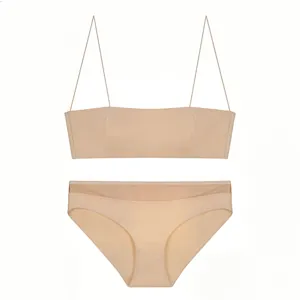 Detailed view of nude seamless wireless lingerie set with ultra-thin straps