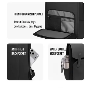 Funktionsdetails des schwarzen Laptop-Rucksacks mit Diebstahlsicherung und Flaschenhalterung