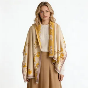 Elegant magnolia flower floral shawl wrap for women in beige and yellow autumn style