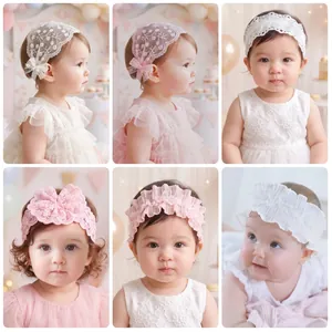 Bandeau à Volants en Dentelle pour Bébé Filles Maille Élastique Fleur Bande de Cheveux pour Photographie Accessoires