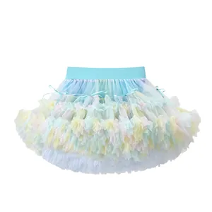 Colorful pastel rainbow tutu skirt for girls with delicate blue bows and layered tulle