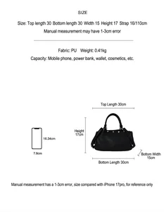 Detailed size specifications for the vintage rivet tote bag and shoulder strap dimensions.