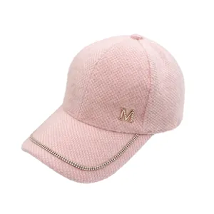 Winter warm pink mink velvet baseball cap with rhinestone chain brim and metal M logo