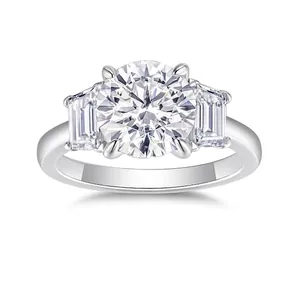 S925 Sterling Silver Moissanite Ring Round Brilliant Cut Baguette Side Stones Three-Stone Engagement Wedding Ring With GRA Certificate For Women Jewelry