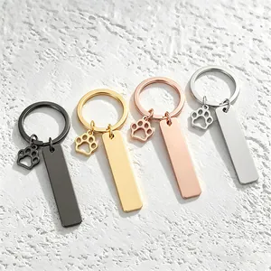 Stainless Steel Keychain With Hollow Pet Paw Pendant Blank Bar Round Heart Military Tag Metal Key Ring Jewelry Gift