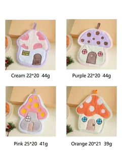 Soft absorbent mushroom house shaped coral fleece hand towels in four colors and sizes