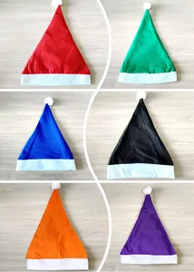 Close-up view of festive non-woven Santa Claus hats in six vibrant color variants