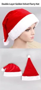 Close-up detail of a double-layer red gold velvet Santa hat with soft white plush trim