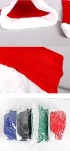 Detail view showing plush fabric texture and individual packaging of colorful Santa hats