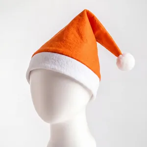 Bright orange non-woven Santa Claus hat with white plush trim shown on a white mannequin head