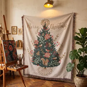 Woven Christmas tree tapestry decor hanging on wall in artistic studio setting