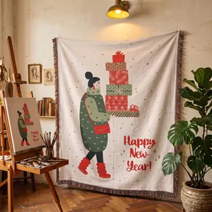 Detail of a woven festive tapestry with a 'Happy New Year' girl and gifts illustration.