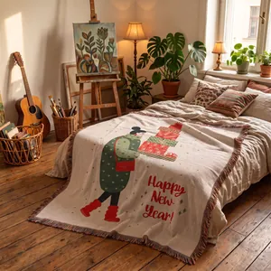 Cozy woven throw blanket with festive New Year illustration and red tassels