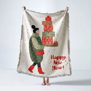 Cozy bohemian woven throw blanket with festive Happy New Year illustration and fringe