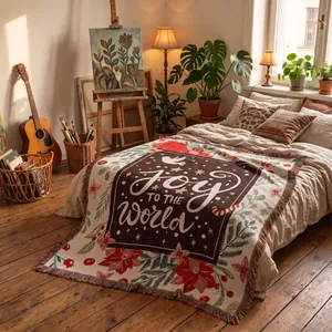 Bohemian woven throw blanket featuring Joy TO THE WORLD festive floral holiday design