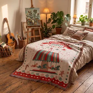 Cozy woven Christmas market throw blanket with vintage carousel and gingerbread man pattern