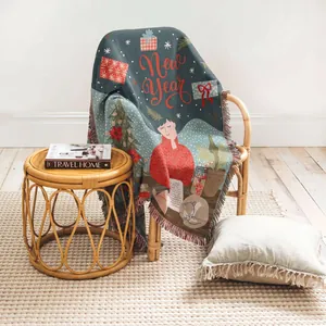 Festive New Year throw blanket with Christmas tree design and tassel fringe edges