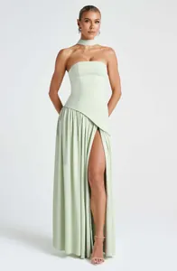 Elegant sage green strapless maxi dress featuring a daring high leg slit and choker.