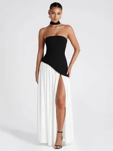 Elegant Strapless High Slit Evening Gown Backless Corset Maxi Dress For Women Party Wedding Formal Social Occasion With Choker