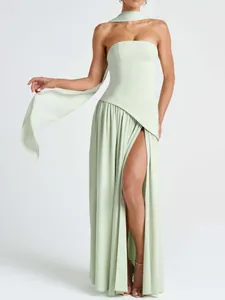 Elegant mint green strapless maxi dress with a high side slit and matching neck scarf