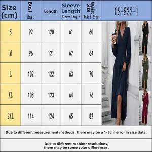 Size chart for long sleeve lantern sleeve pleated waist maxi dress with measurements.