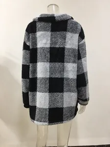 Detailed back view of a cozy black and white checkered sherpa fleece jacket for women