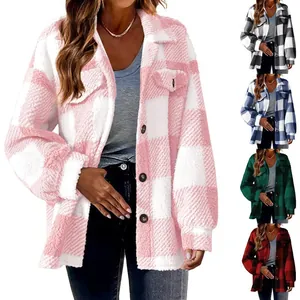 Women Plaid Sherpa Fleece Jacket Autumn Winter Warm Lapel Pocket Button Casual Streetwear Outerwear Top