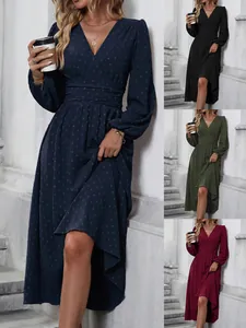 Women Elegant V Neck Lantern Sleeve Swiss Dot Ruched Waist Maxi Dress Autumn Winter Elegant A Line Party Gown