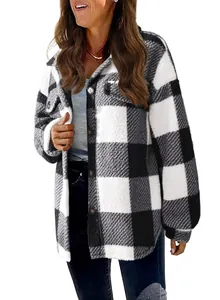 Front view detail of women's black and white plaid sherpa fleece button-up jacket