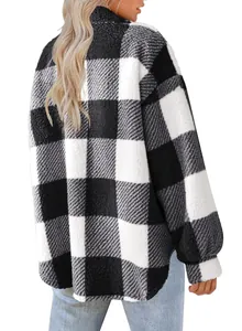 Back view detail of black and white checkered sherpa fleece jacket with classic collar