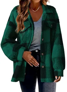 Detailed view of women's green plaid fleece shacket with button-front closure design