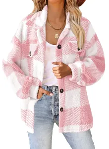 Detailed view of pink and white plaid fleece jacket with buttons and chest pockets