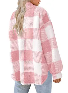 Back view of women's cozy pink and white checkered plush shearling jacket for winter