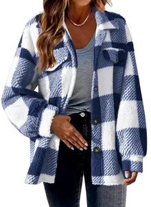 Detail view of blue and white checkered plush fleece jacket with button-down front