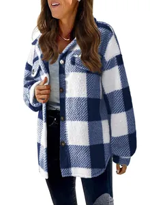 Women's blue and white checkered fleece shacket with front buttons and chest pockets