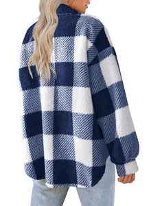Detailed back view of a cozy blue and white plaid sherpa fleece jacket for women