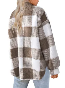 Back view of women's brown plaid lambswool fleece jacket showing soft fuzzy texture