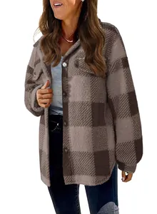 Close-up of women's brown plaid sherpa jacket featuring soft fleece texture and buttons