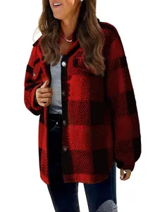 Detail view of women's red and black plaid sherpa jacket with buttons and pockets.